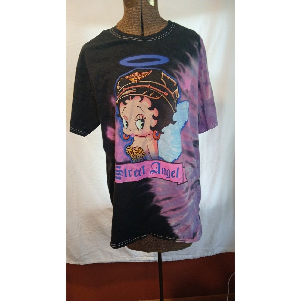 Betty Boop Street Angel Tie Dye Graphic T Shirt Black Purple Vintage Style Large